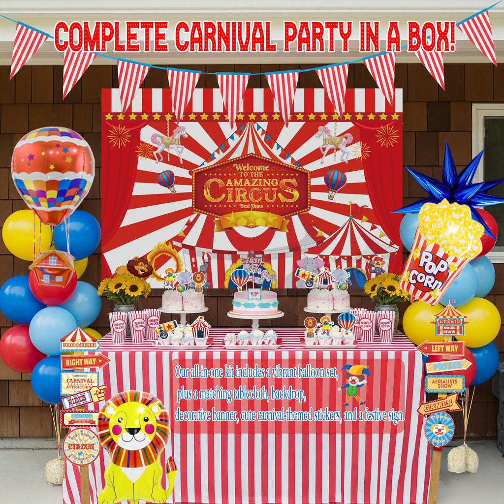 Kozee Carnival Circus Theme Party Decorations – Red, Blue & Yellow Balloons, Foil Hot Air Balloons, Striped Banner & Backdrop
