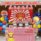 Kozee Carnival Circus Theme Party Decorations – Red, Blue & Yellow Balloons, Foil Hot Air Balloons, Striped Banner & Backdrop
