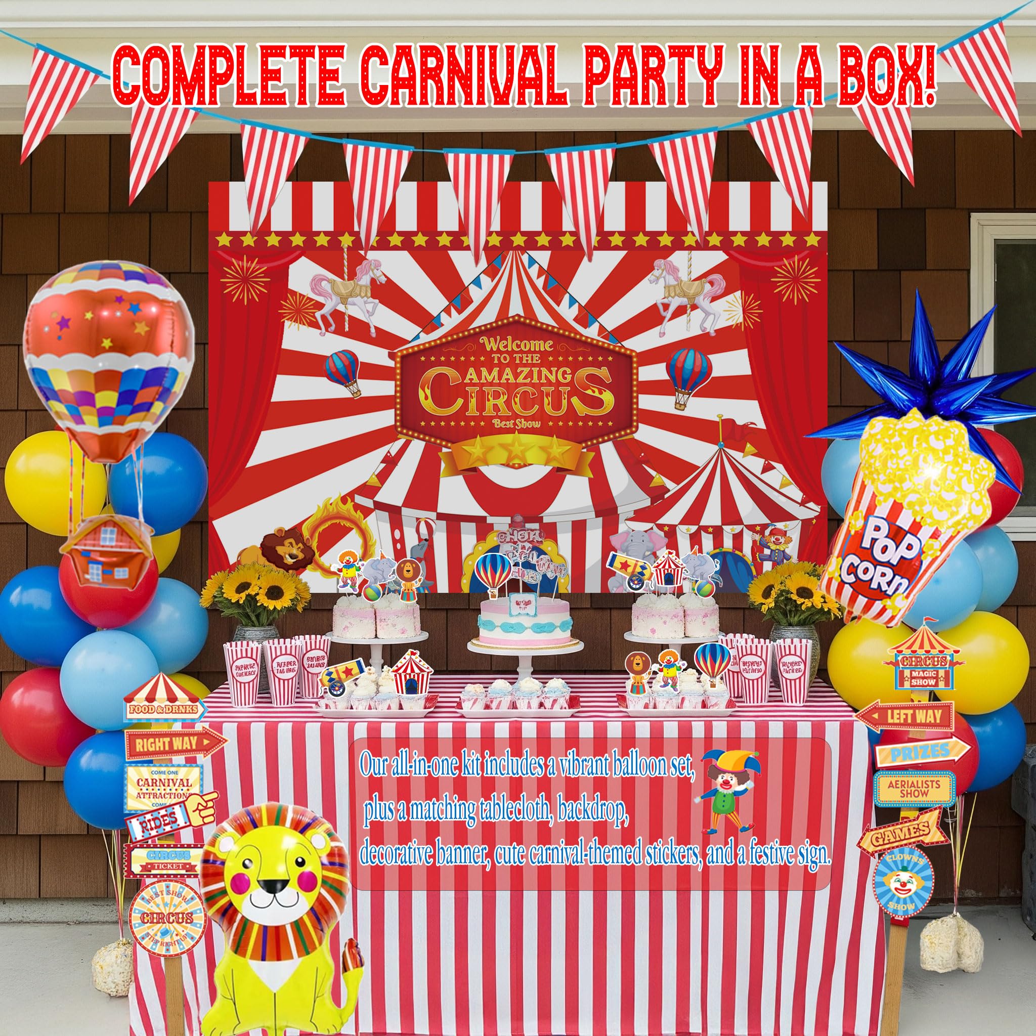 Kozee Carnival Circus Theme Party Decorations – Red, Blue & Yellow Balloons, Foil Hot Air Balloons, Striped Banner & Backdrop