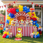 Kozee Carnival Circus Theme Party Decorations – Red, Blue & Yellow Balloons, Foil Hot Air Balloons, Striped Banner & Backdrop