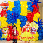 Kozee Carnival Circus Theme Party Decorations – Red, Blue & Yellow Balloons, Foil Hot Air Balloons, Striped Banner & Backdrop