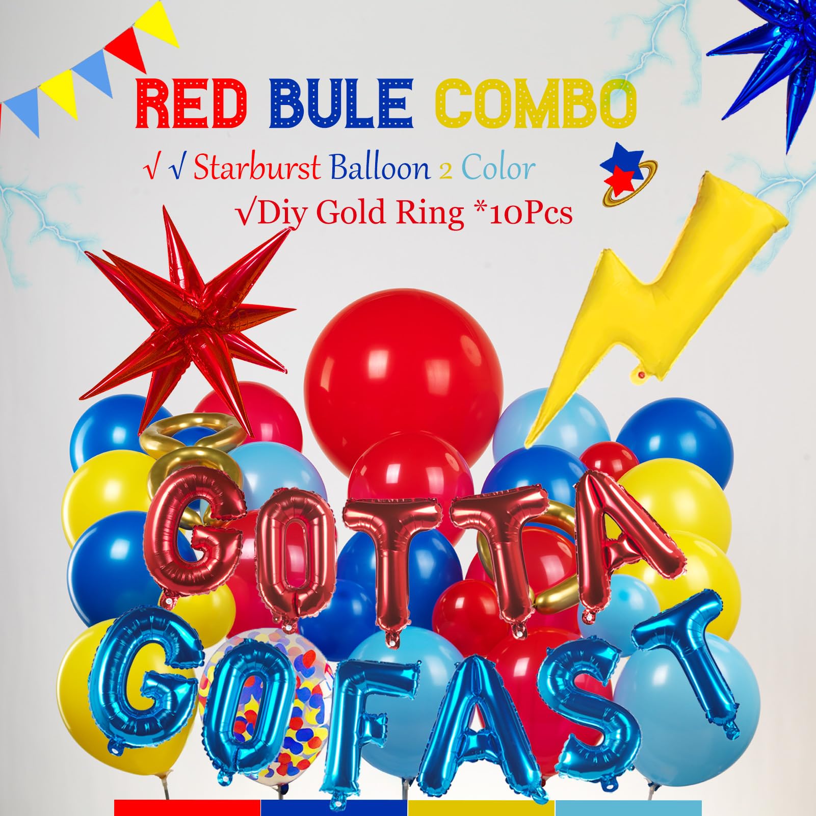 Kozee Hedgehog Birthday Decorations — Red, Blue & Yellow Balloons with Lightning Letter Foil Banner Backdrop