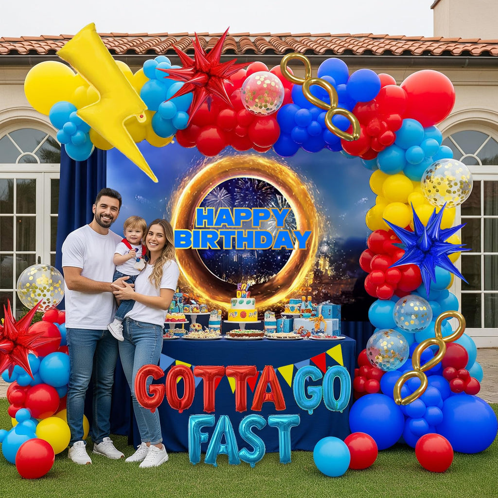 Kozee Hedgehog Birthday Decorations — Red, Blue & Yellow Balloons with Lightning Letter Foil Banner Backdrop