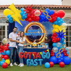 Kozee Hedgehog Birthday Decorations — Red, Blue & Yellow Balloons with Lightning Letter Foil Banner Backdrop