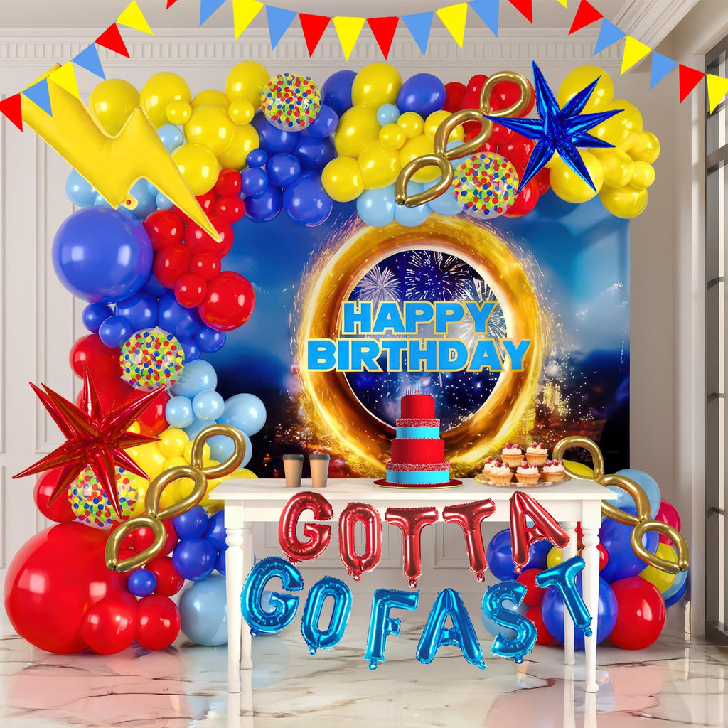 Kozee Hedgehog Birthday Decorations — Red, Blue & Yellow Balloons with Lightning Letter Foil Banner Backdrop