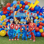 Kozee Hedgehog Birthday Decorations — Red, Blue & Yellow Balloons with Lightning Letter Foil Banner Backdrop