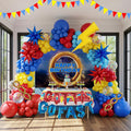 Kozee Hedgehog Birthday Decorations — Red, Blue & Yellow Balloons with Lightning Letter Foil Banner Backdrop