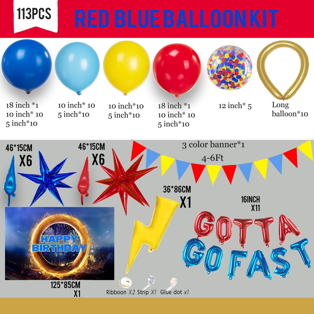 Kozee Hedgehog Birthday Decorations — Red, Blue & Yellow Balloons with Lightning Letter Foil Banner Backdrop