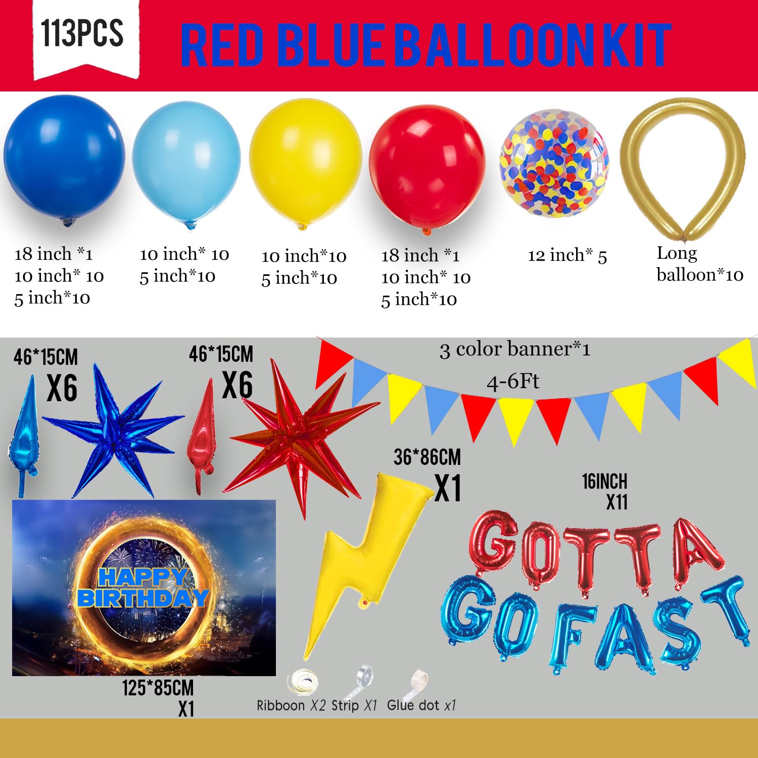 Kozee Hedgehog Birthday Decorations — Red, Blue & Yellow Balloons with Lightning Letter Foil Banner Backdrop