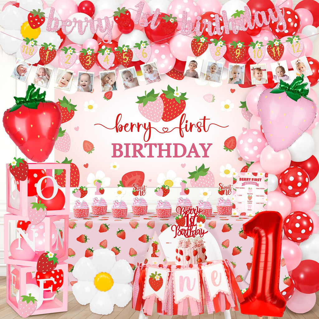 Kriyokiaa Berry First Birthday Decor Kit – Strawberry Theme Balloon Arch, Backdrop & Highchair Banner