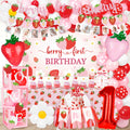 Kriyokiaa Berry First Birthday Decor Kit – Strawberry Theme Balloon Arch, Backdrop & Highchair Banner