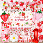 Kriyokiaa Berry First Birthday Decor Kit – Strawberry Theme Balloon Arch, Backdrop & Highchair Banner
