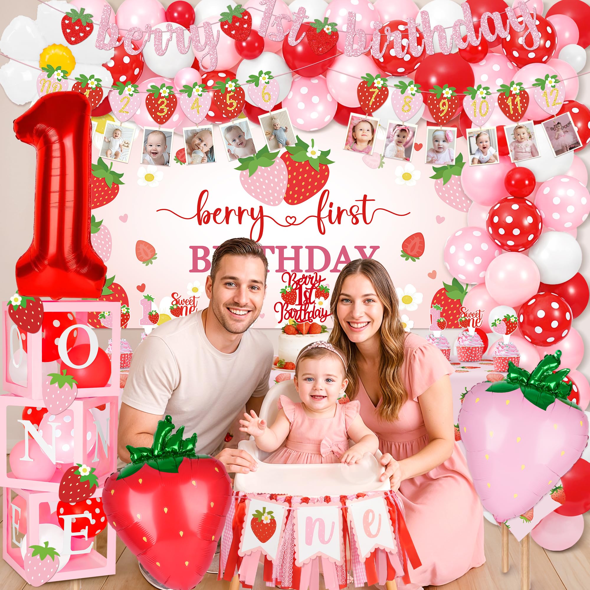 Kriyokiaa Berry First Birthday Decor Kit – Strawberry Theme Balloon Arch, Backdrop & Highchair Banner