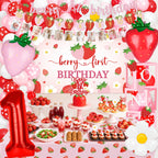 Kriyokiaa Berry First Birthday Decor Kit – Strawberry Theme Balloon Arch, Backdrop & Highchair Banner
