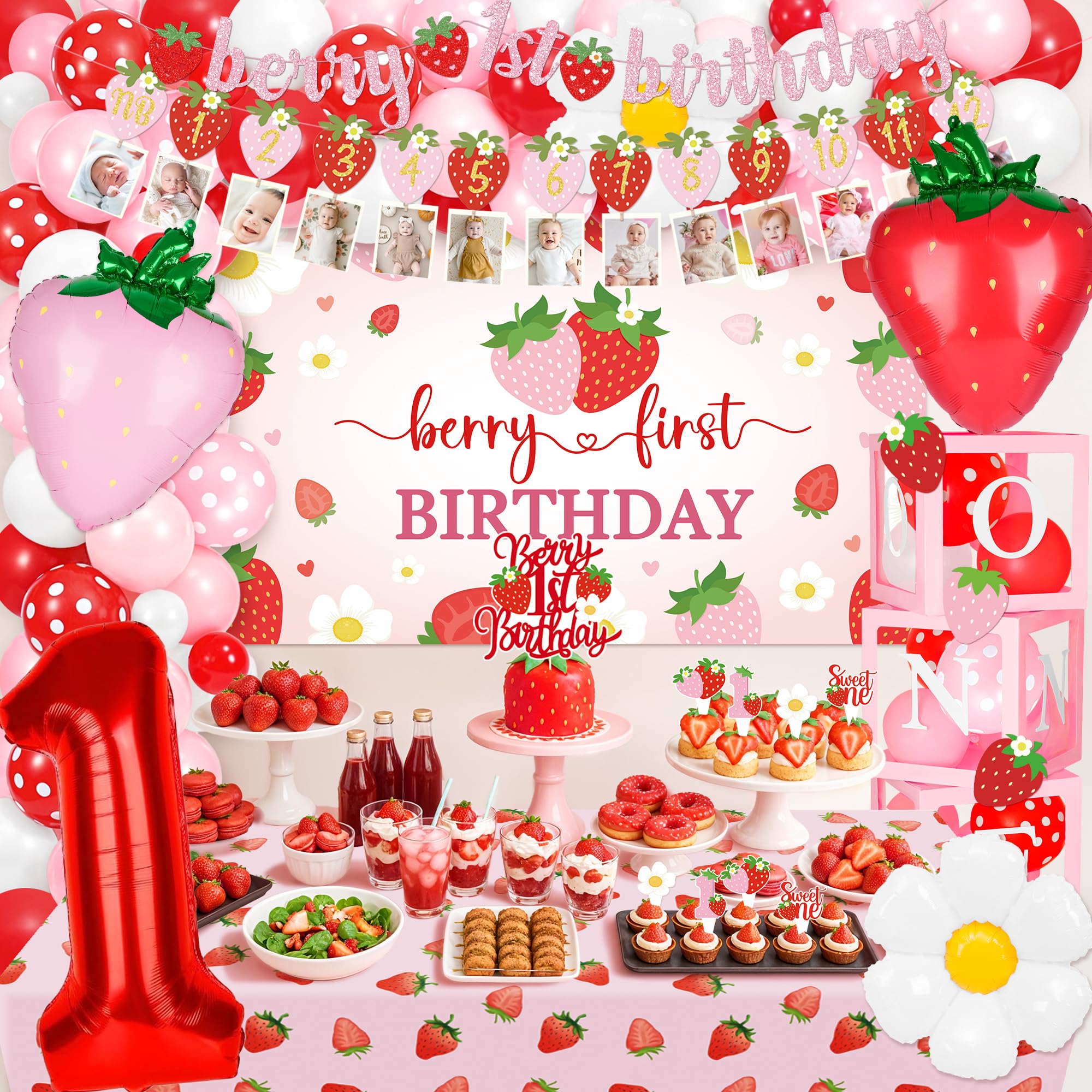 Kriyokiaa Berry First Birthday Decor Kit – Strawberry Theme Balloon Arch, Backdrop & Highchair Banner