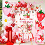 Kriyokiaa Berry First Birthday Decor Kit – Strawberry Theme Balloon Arch, Backdrop & Highchair Banner