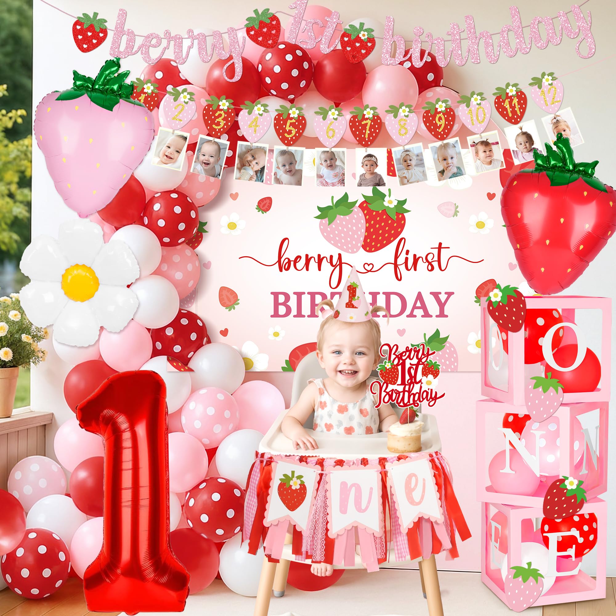 Kriyokiaa Berry First Birthday Decor Kit – Strawberry Theme Balloon Arch, Backdrop & Highchair Banner