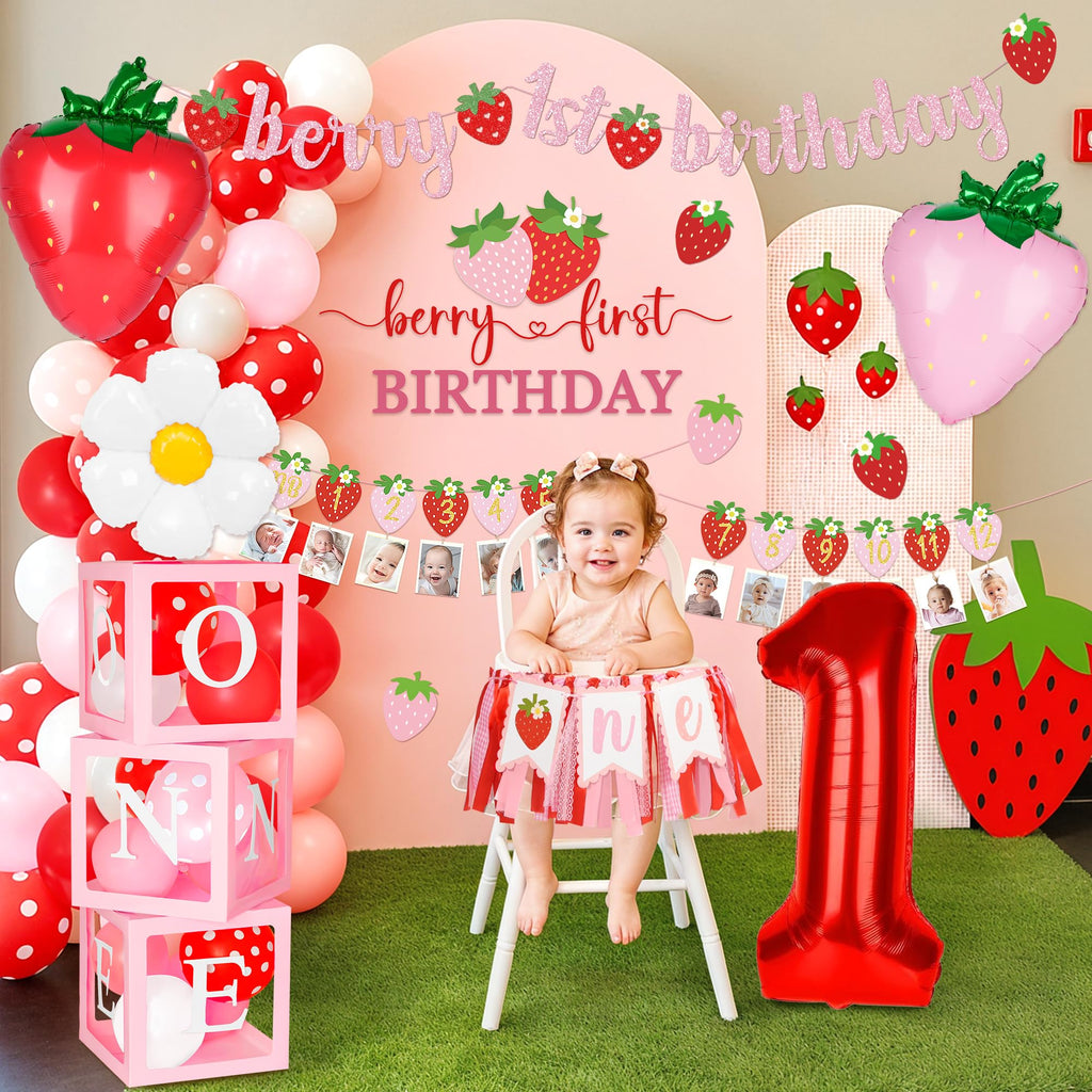 Kriyokiaa Berry First Birthday Decor Kit – Strawberry Theme Balloon Arch, Backdrop & Highchair Banner