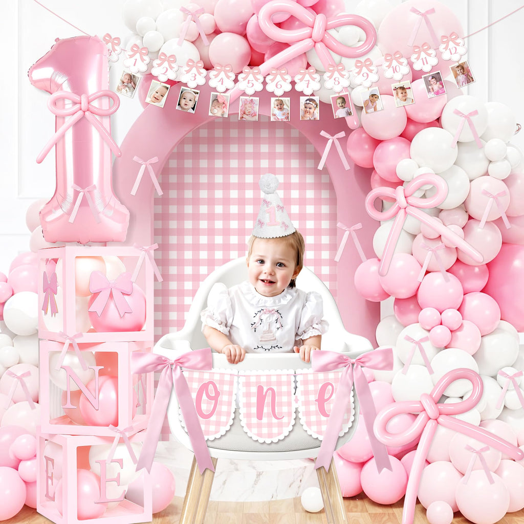 Kriyokiaa Girls Just Wanna Be One Birthday Decorations Kit | Bow Theme Balloons & Arch