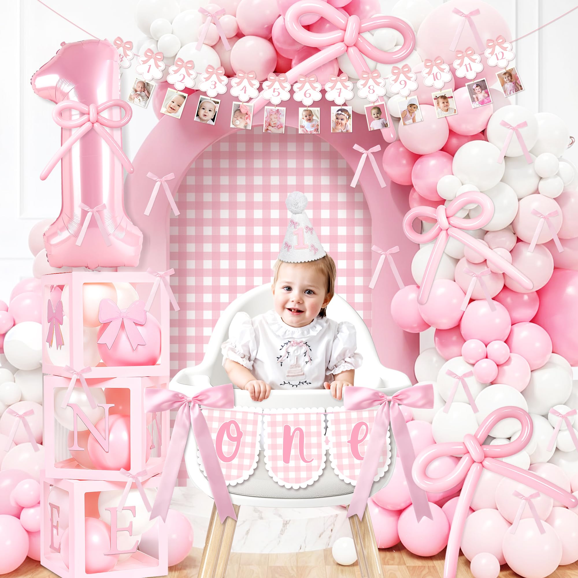 Kriyokiaa Girls Just Wanna Be One Birthday Decorations Kit | Bow Theme Balloons & Arch