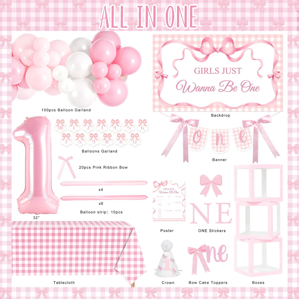 Kriyokiaa Girls Just Wanna Be One Birthday Decorations Kit | Bow Theme Balloons & Arch