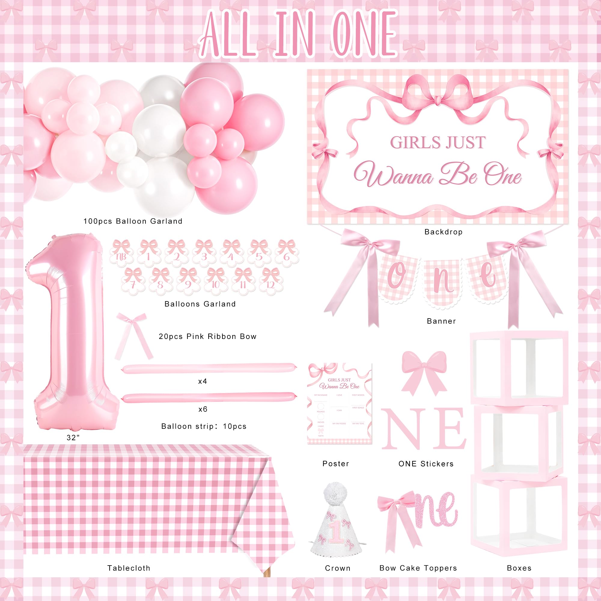Kriyokiaa Girls Just Wanna Be One Birthday Decorations Kit | Bow Theme Balloons & Arch