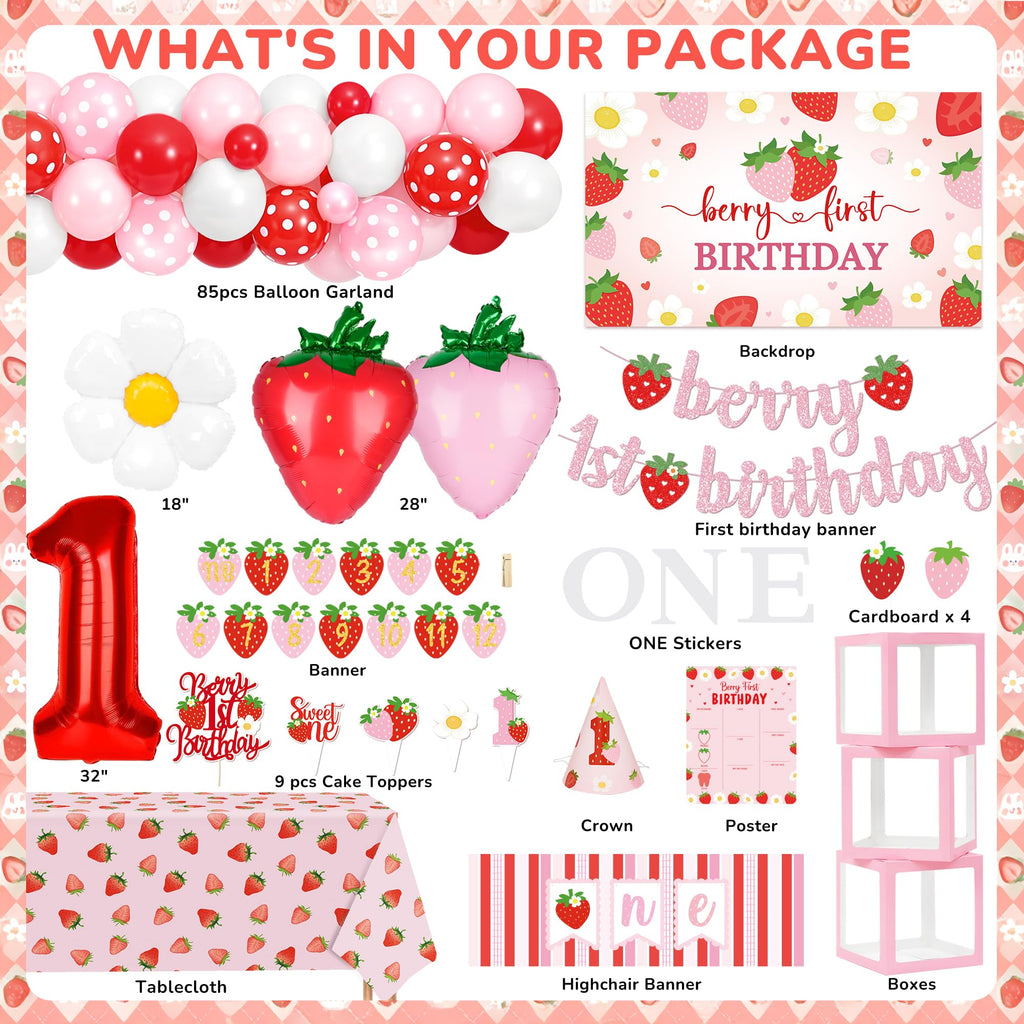 Kriyokiaa Berry First Birthday Decor Kit – Strawberry Theme Balloon Arch, Backdrop & Highchair Banner