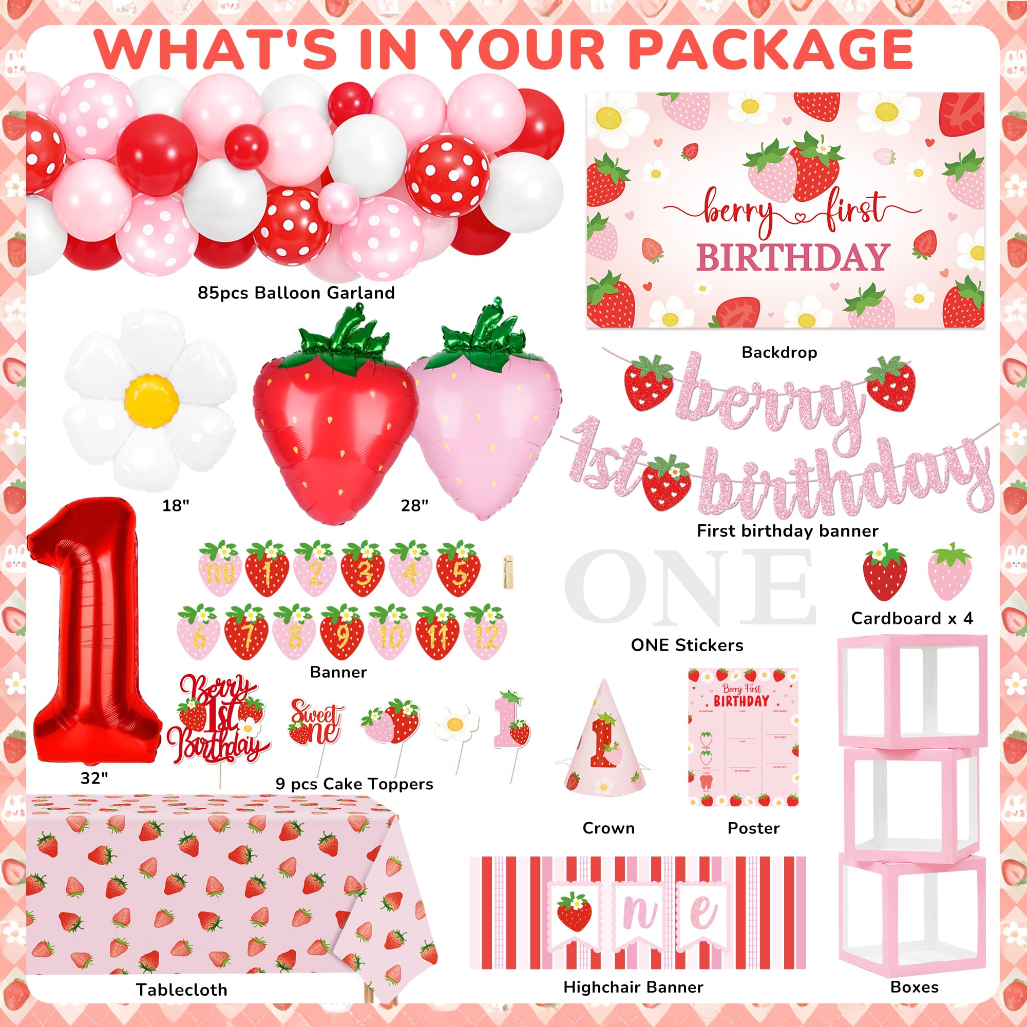 Kriyokiaa Berry First Birthday Decor Kit – Strawberry Theme Balloon Arch, Backdrop & Highchair Banner
