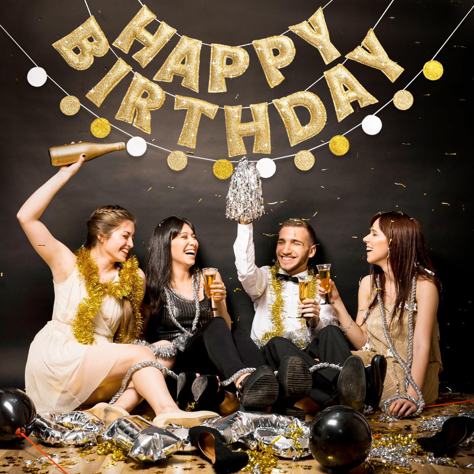 KUQJJQU Pre-strung Gold Glitter Happy Birthday Banner Garland – Reusable Gold Party Decor