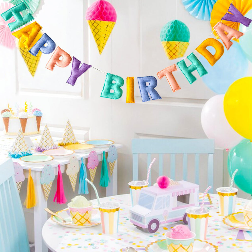 KUQJJQU Pre-Strung Happy Birthday Banner - 3D Felt Ball Garland in Macaron Pastel Colors