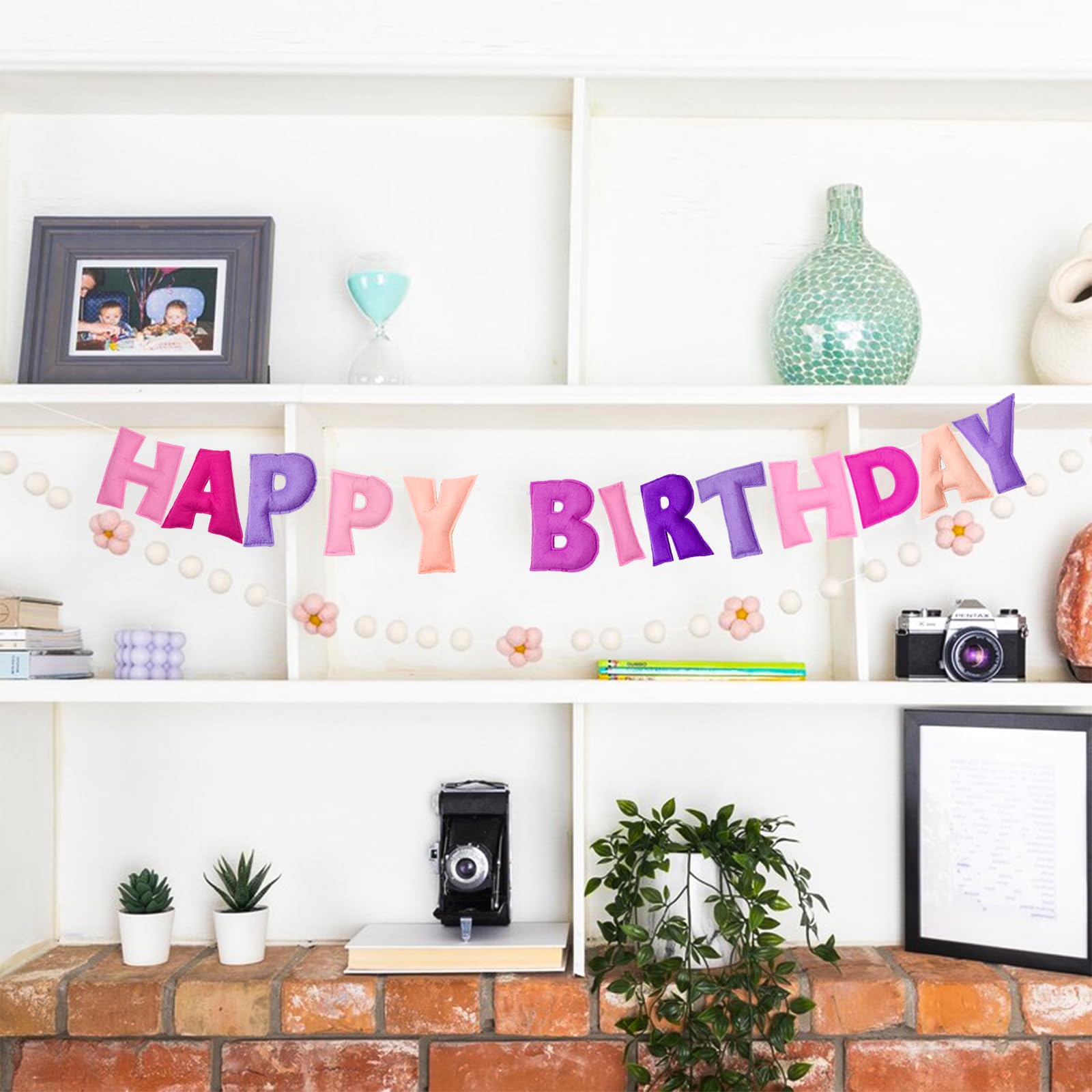 KUQJJQU Pre-Strung Happy Birthday Banner – Pink Felt Ball Garland