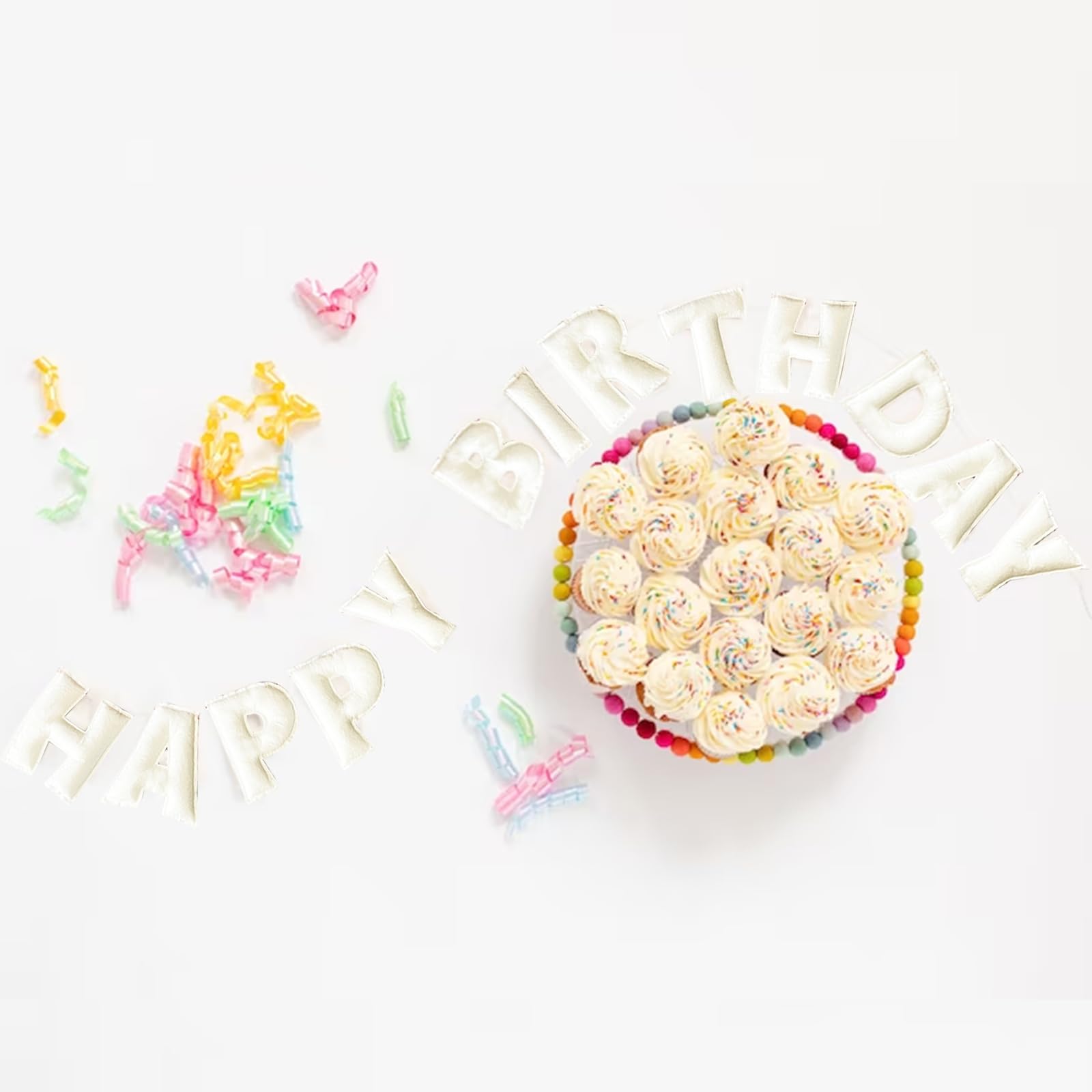 KUQJJQU Pre-Strung Happy Birthday Banner – White Felt Ball Garland
