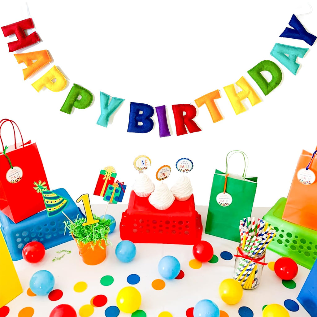 KUQJJQU Pre-Strung Happy Birthday Banner – Felt Ball Garland in Rainbow Colors | Birthday Decor & Photo Prop