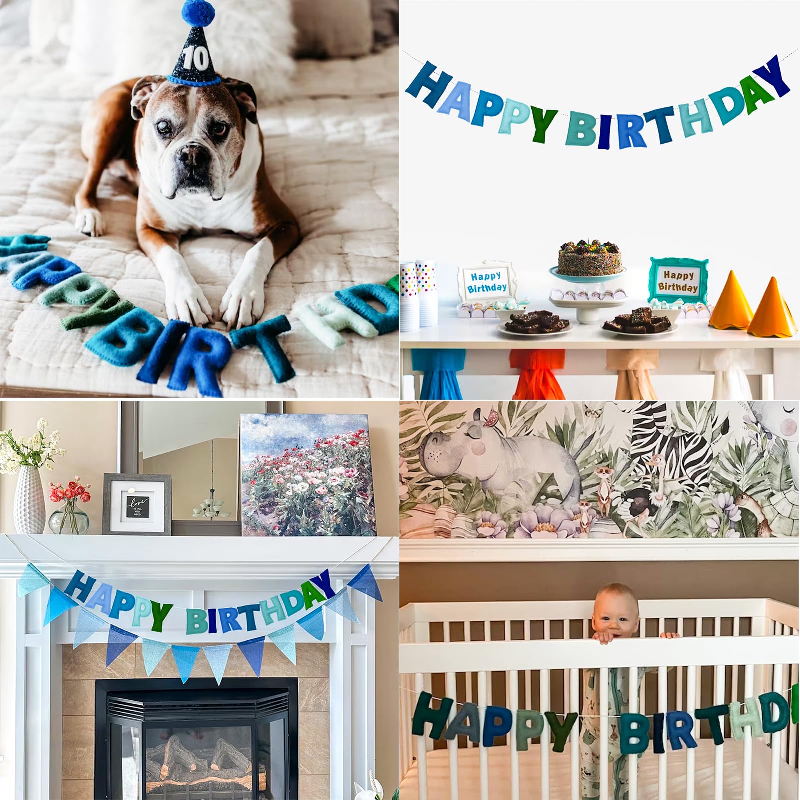 KUQJJQU Pre-Strung Happy Birthday Banner – Felt Ball Garland, Rainbow Party Decor (Blue)