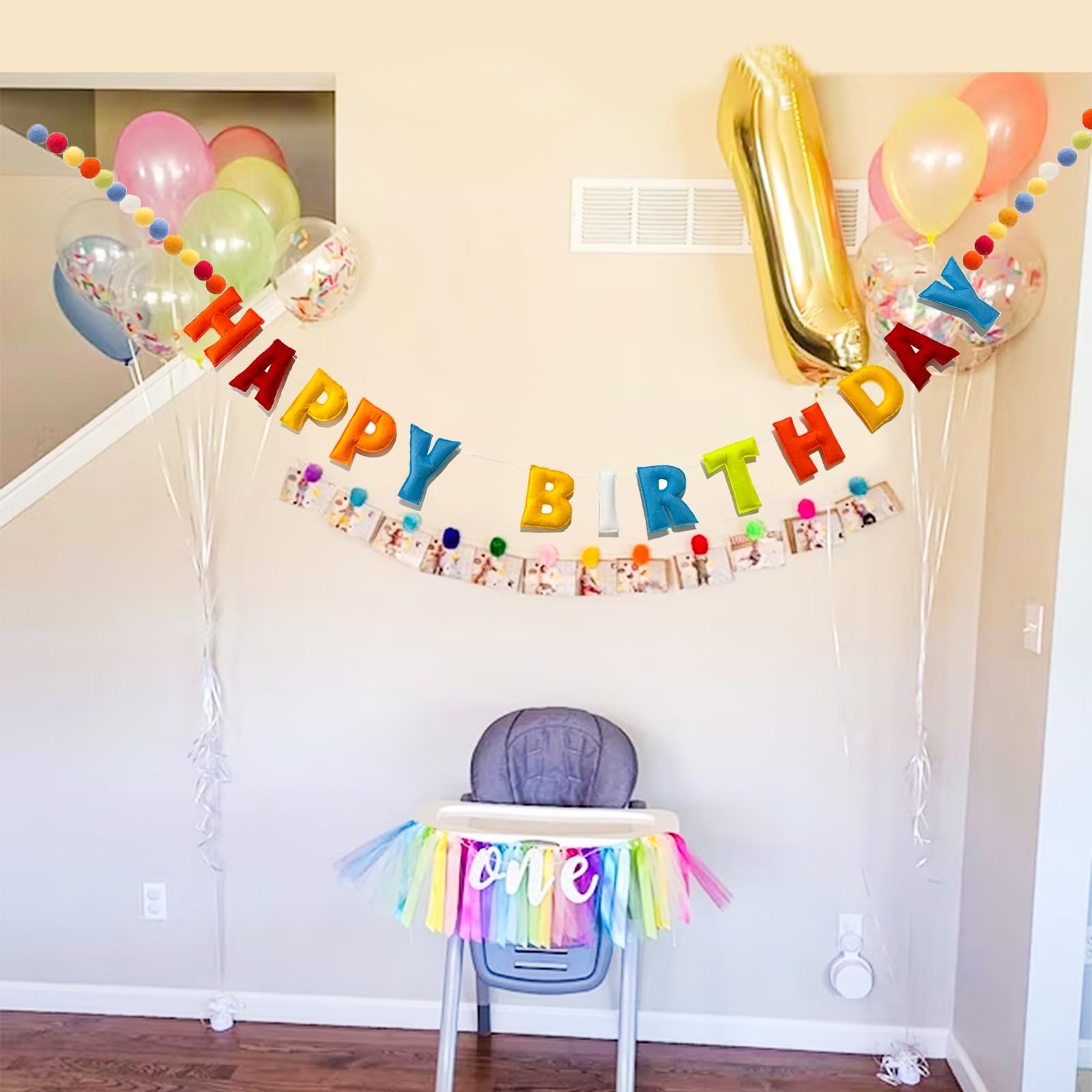 KUQJJQU Pre-Strung Happy Birthday Banner – Rainbow Felt Ball Garland