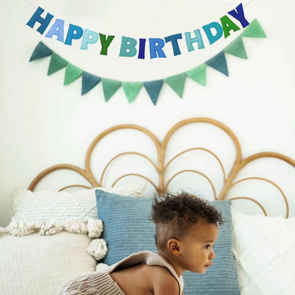 KUQJJQU Pre-Strung Happy Birthday Banner – Felt Ball Garland, Rainbow Party Decor (Blue)
