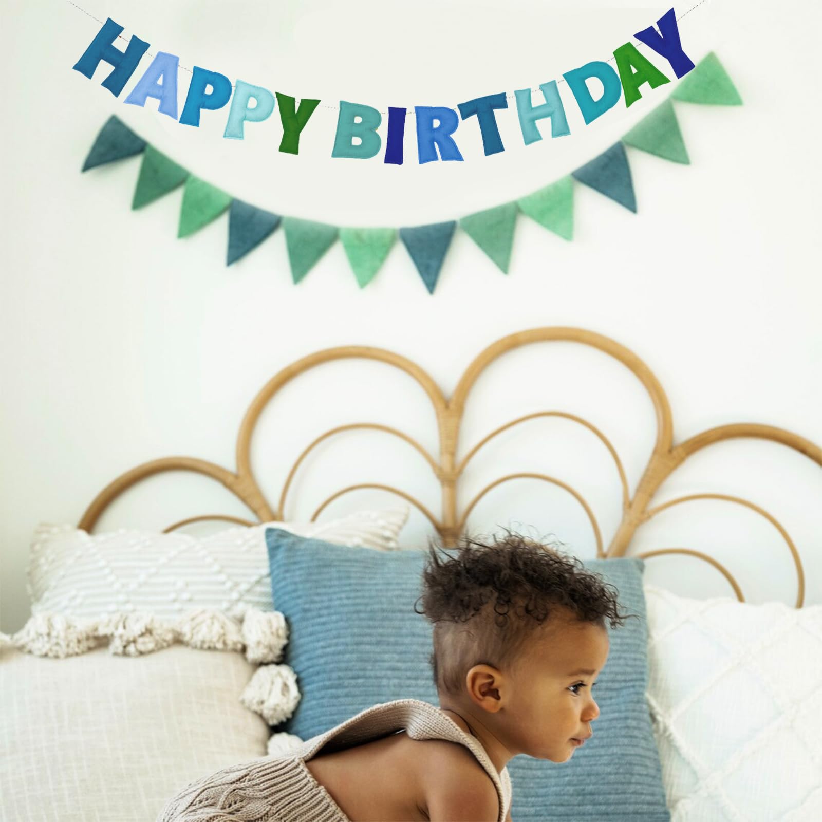 KUQJJQU Pre-Strung Happy Birthday Banner – Felt Ball Garland, Rainbow Party Decor (Blue)