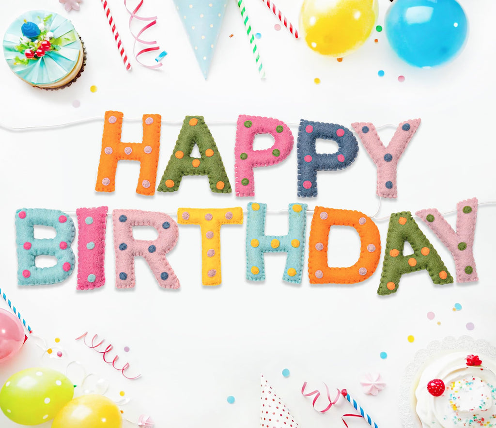 KUQJJQU Pre-Strung Wool Felt Birthday Banner – Colorful 3D Dots Garland