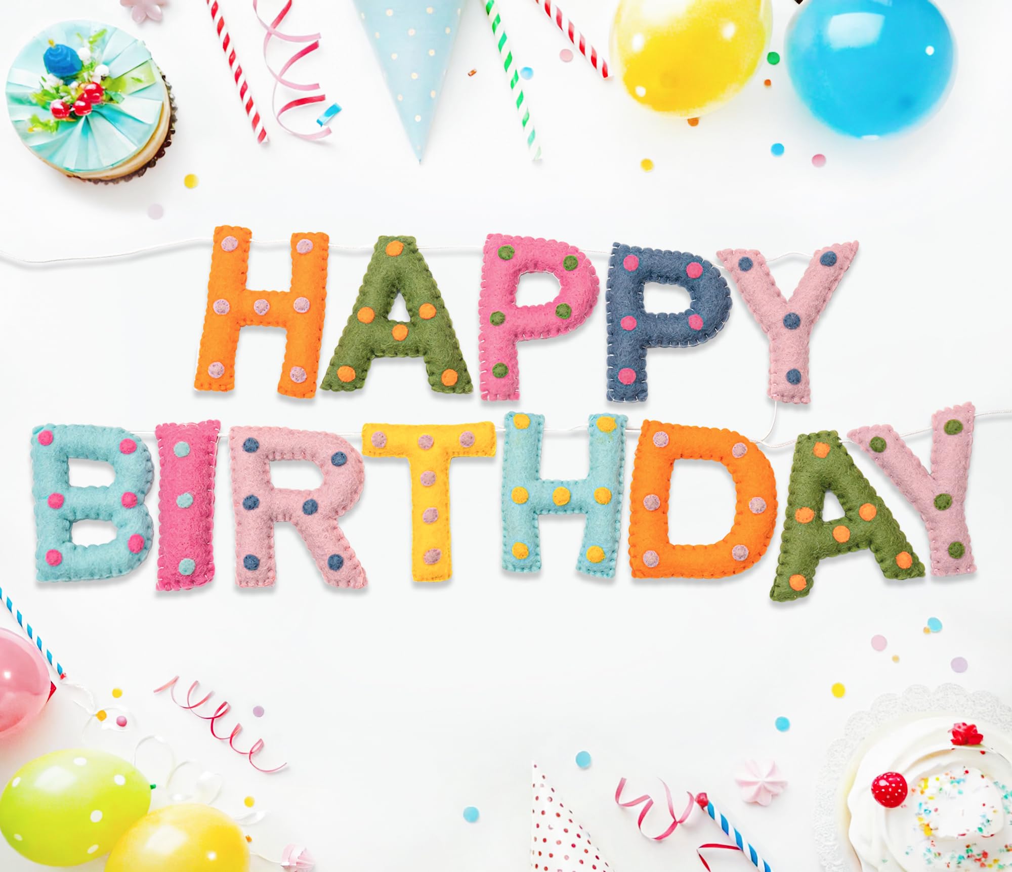 KUQJJQU Pre-Strung Wool Felt Birthday Banner – Colorful 3D Dots Garland