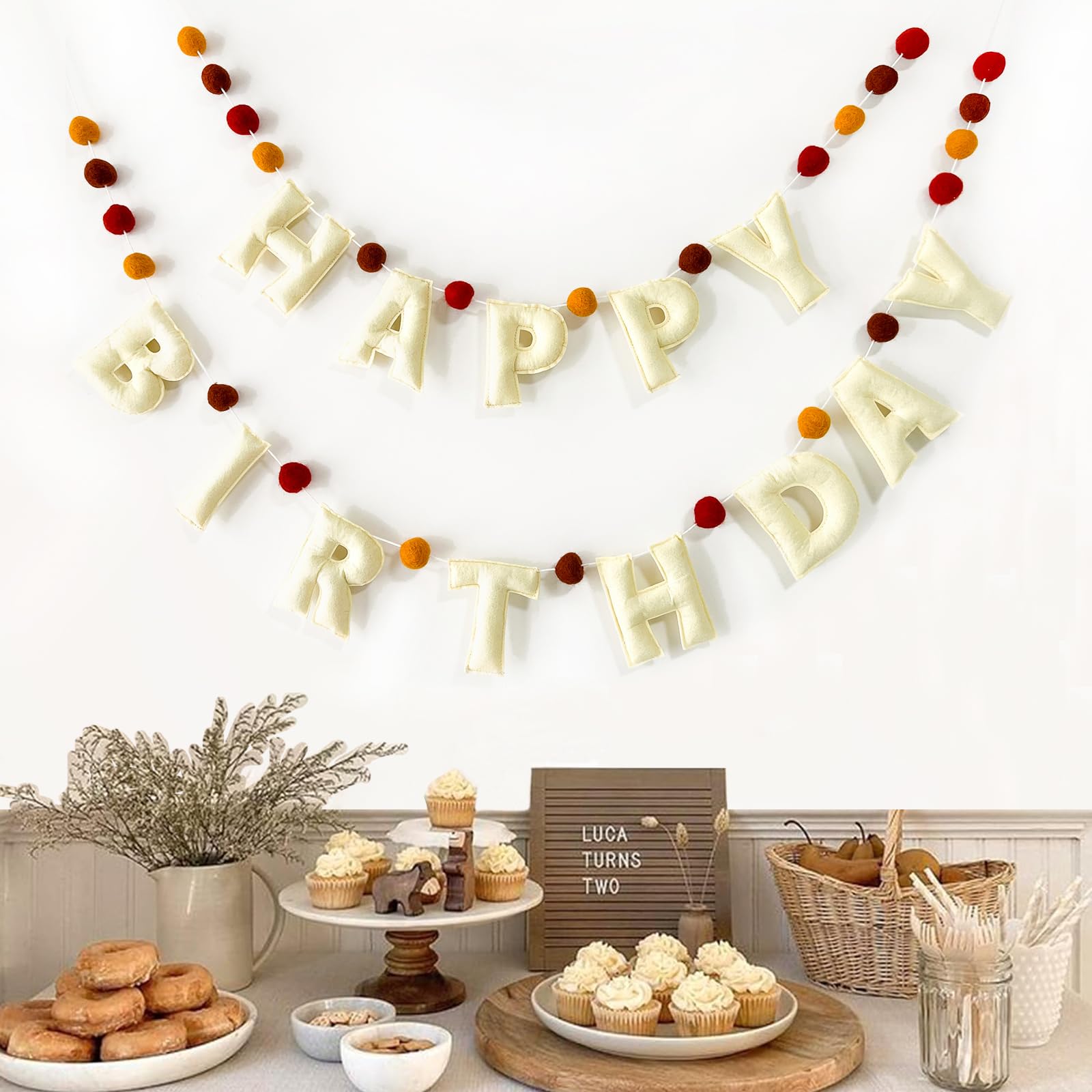 KUQJJQU Boho Felt Happy Birthday Banner – Pre-Strung 3D Wool Felt Letters & Balls