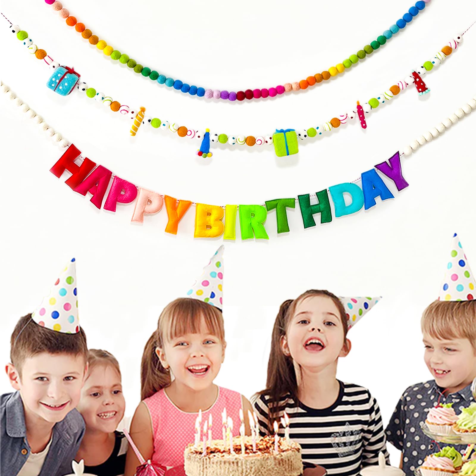 KUQJJQU Pre-Strung Happy Birthday Banner & Colorful Felt Ball Garland
