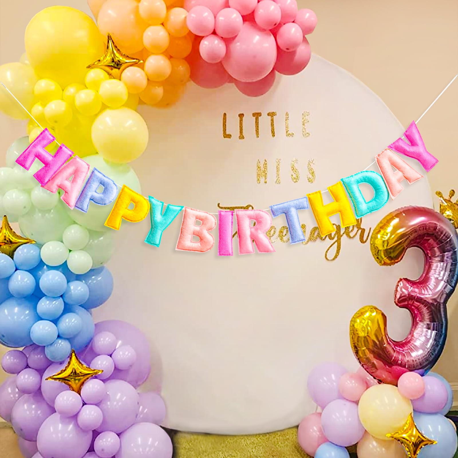 KUQJJQU Pre-Strung Happy Birthday Banner – Felt Ball Garland, Pastel Rainbow Party Decor