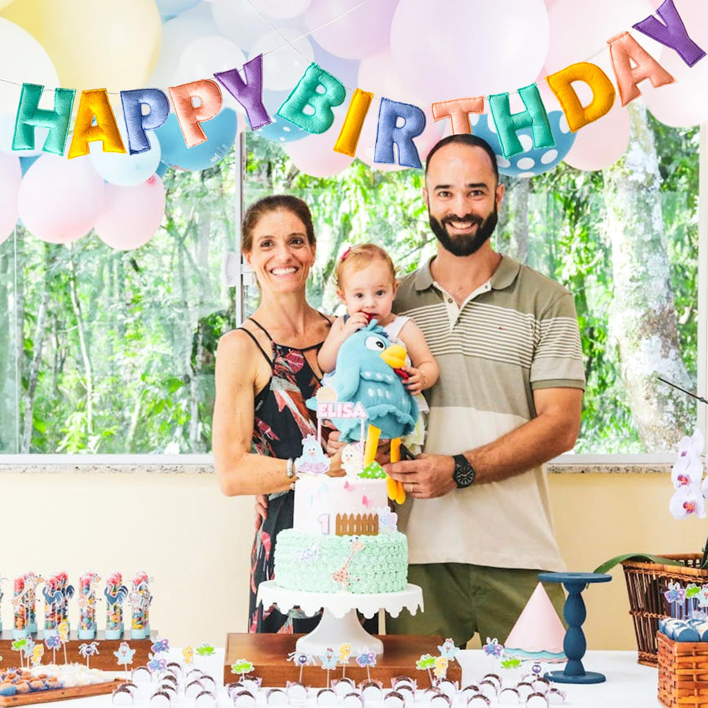 KUQJJQU Pre-Strung Happy Birthday Banner - 3D Felt Ball Garland in Macaron Pastel Colors