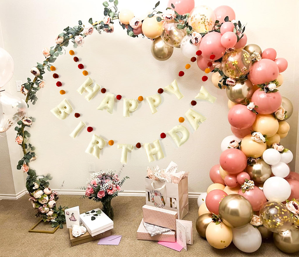 KUQJJQU Boho Felt Happy Birthday Banner – Pre-Strung 3D Wool Felt Letters & Balls