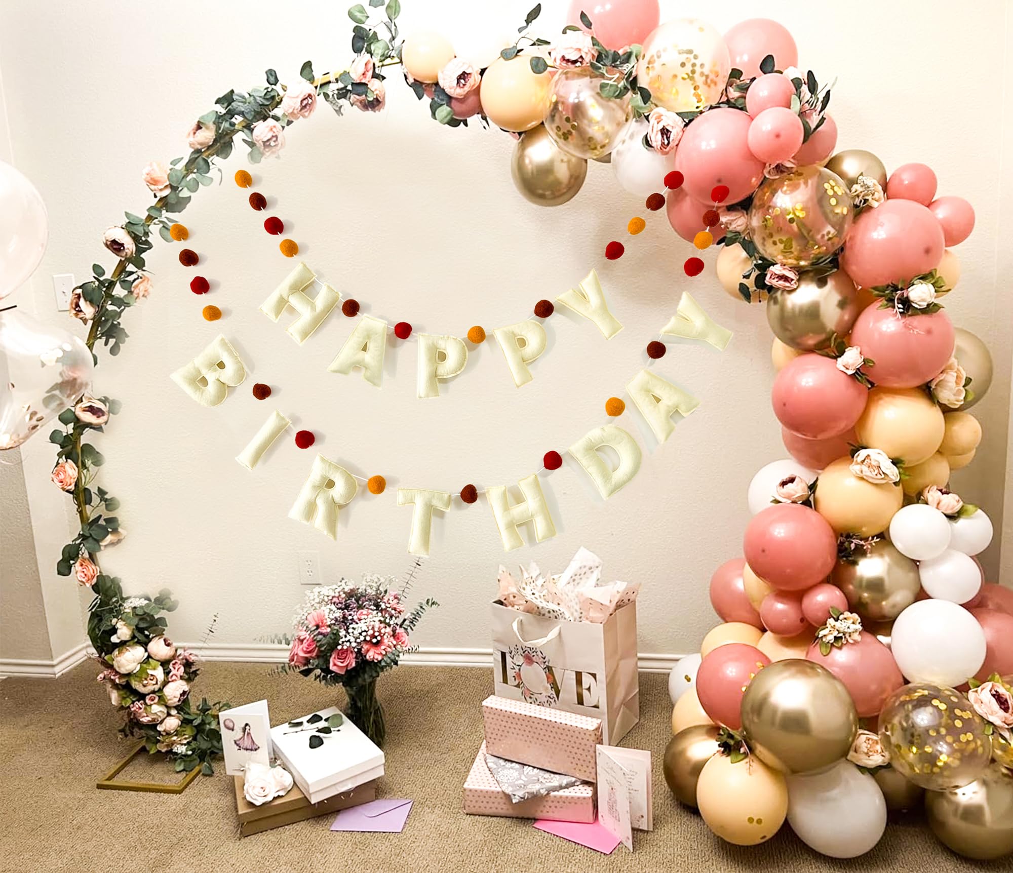 KUQJJQU Boho Felt Happy Birthday Banner – Pre-Strung 3D Wool Felt Letters & Balls