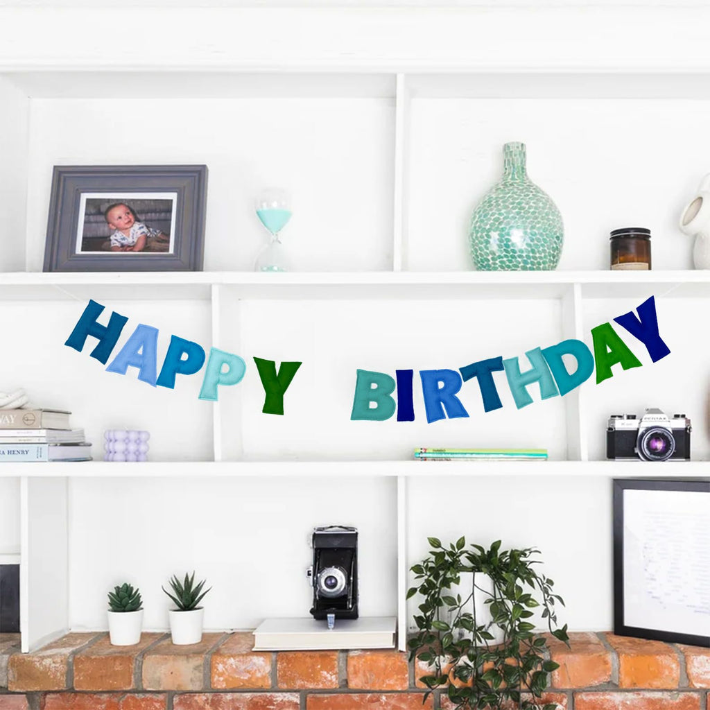 KUQJJQU Pre-Strung Happy Birthday Banner – Felt Ball Garland, Rainbow Party Decor (Blue)