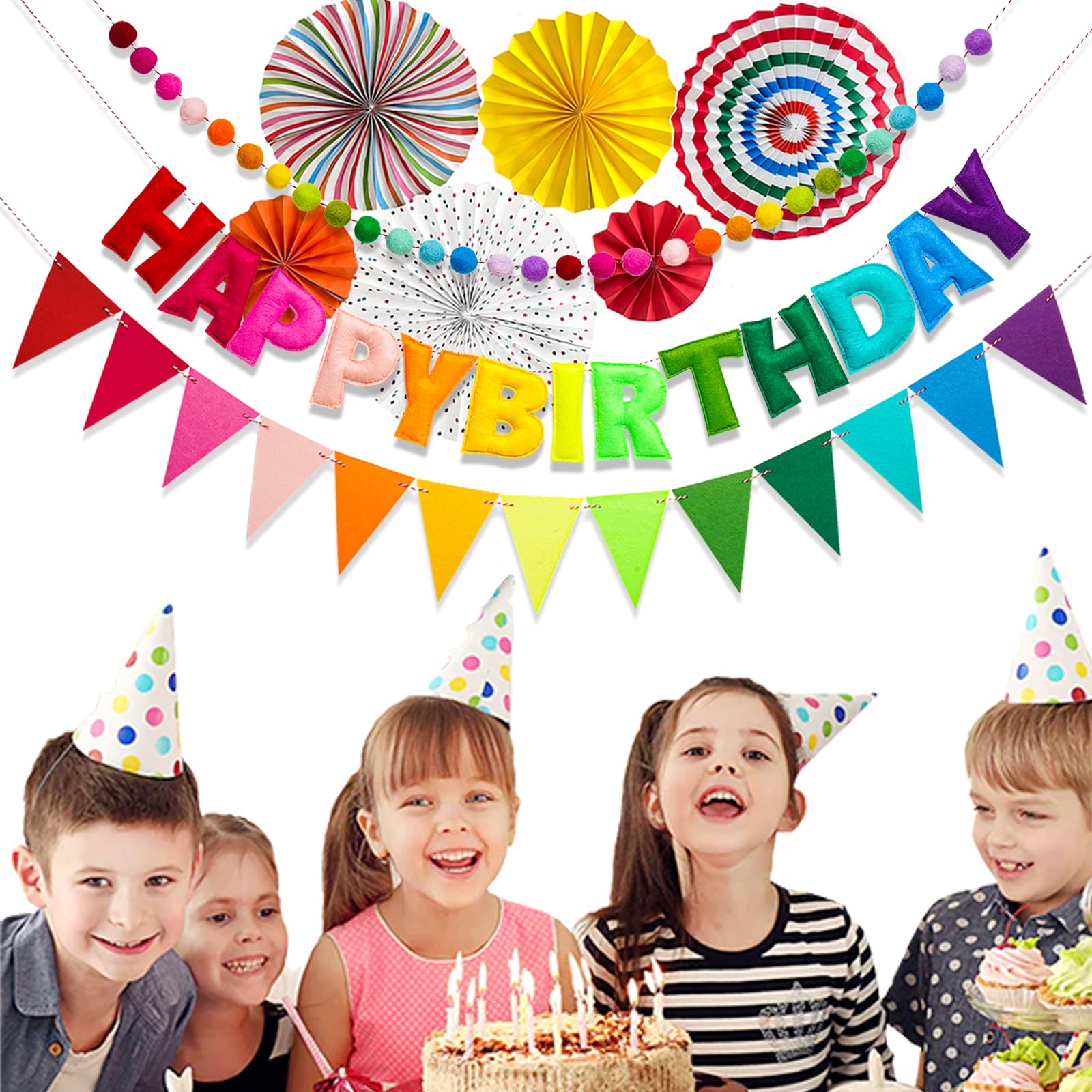 KUQJJQU 3-Pcs Pre-Strung Birthday Banner Set — Handmade Wool Felt Rainbow Garland with Triangle Flags