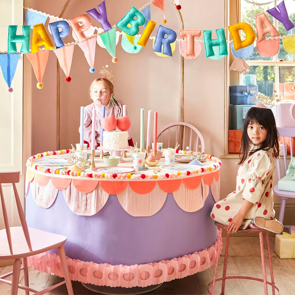 KUQJJQU Pre-Strung Happy Birthday Banner - 3D Felt Ball Garland in Macaron Pastel Colors