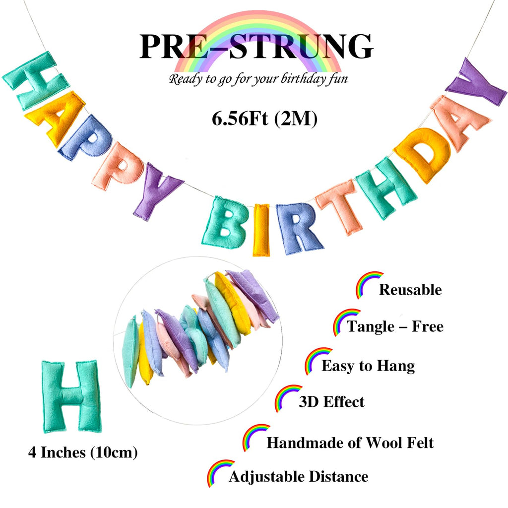 KUQJJQU Pre-Strung Happy Birthday Banner - 3D Felt Ball Garland in Macaron Pastel Colors