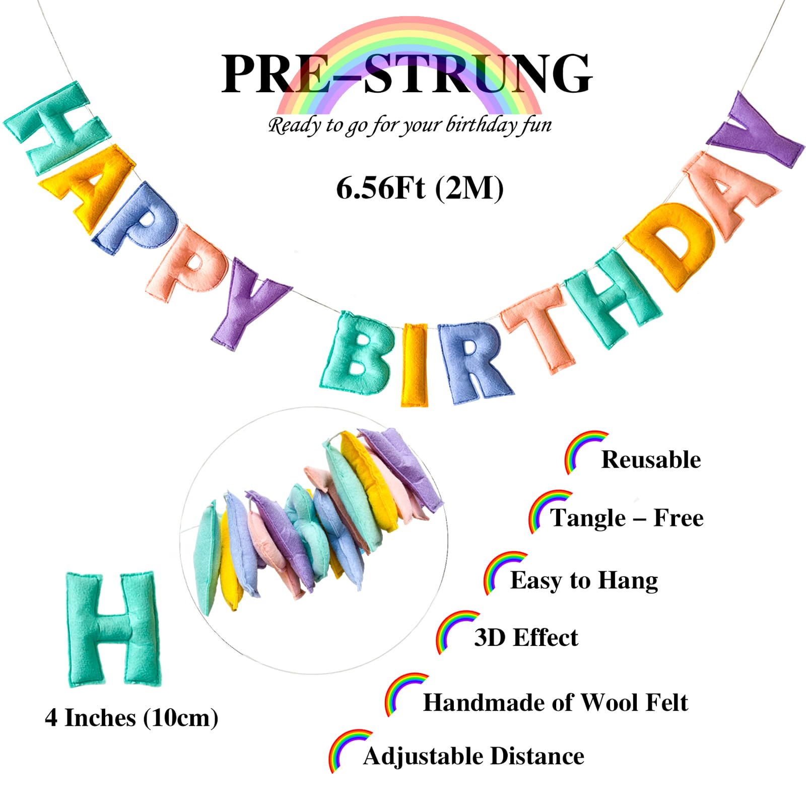 KUQJJQU Pre-Strung Happy Birthday Banner - 3D Felt Ball Garland in Macaron Pastel Colors